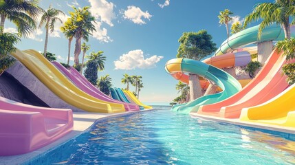 Colorful Water Park Slides Tropical Paradise Fun