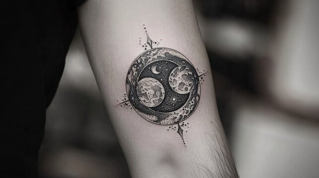 Creating a cosmic yin yang tattoo with planets, a crescent moon, and stars on a client's arm