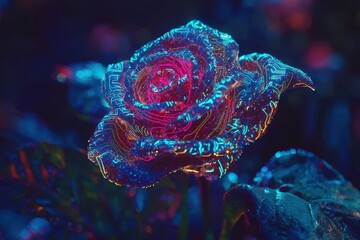 Obraz premium Futuristic Rose with Neon Lights and Circuit Patterns in Dark Background