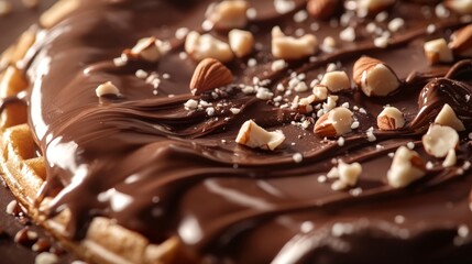 Fototapeta premium Close-Up of Golden Waffle Infused with Rich Chocolate Topping