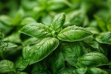 Fresh green basil leaves with morning dew
