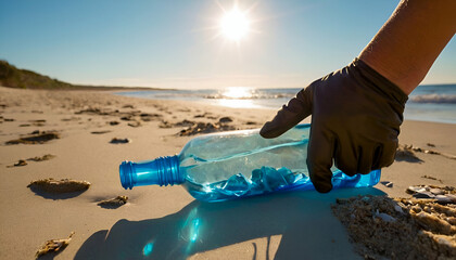 Gloved hand picking up a broken clear plastic water bottle from sandy beach on a sunny day. Environmental cleanup, pollution awareness, and recycling concept with ocean waves blurred in the background