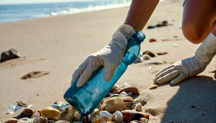 Gloved hand picking up a broken clear plastic water bottle from sandy beach on a sunny day. Environmental cleanup, pollution awareness, and recycling concept with ocean waves blurred in the background