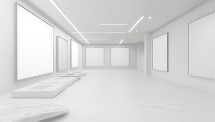 Fototapeta premium Gallery room with long exhibition wall, large blank frames, and soft lighting for minimalist art displays