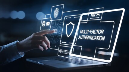 businessman pressing the virtual button MFA, multi-factor authentication. cloud computing concept, cloud technology, Saas, Paas, Iaas. AWS Services  