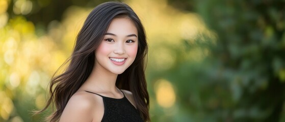 Fototapeta premium A smiling young woman with long hair poses in a natural outdoor setting, exuding confidence and warmth.