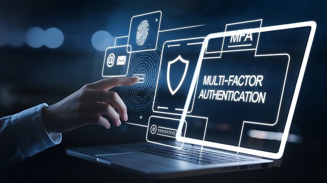 businessman pressing the virtual button MFA, multi-factor authentication. cloud computing concept, cloud technology, Saas, Paas, Iaas. AWS Services  