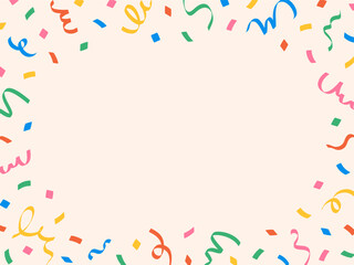 Cute abstract frame of colorful confetti, lines, ribbons, curls on light background, hand drawn illustration, flat style, copy space