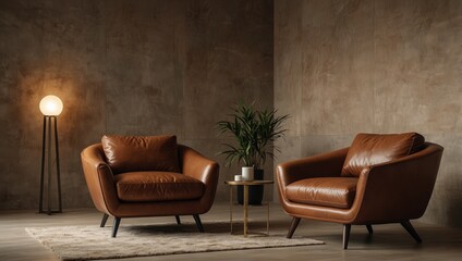 Luxurious brown leather armchair in a spacious minimalist interior, beige wall 