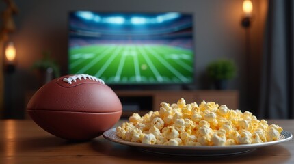 Football and popcorn ready for a game night in front of a big screen TV