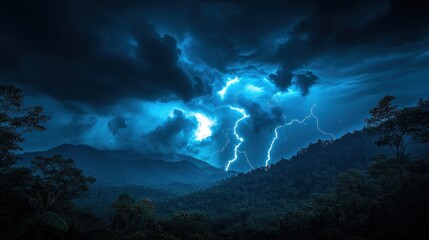 Dramatic Thunderstorm Over Lush Forest Landscape with Lightning Strikes