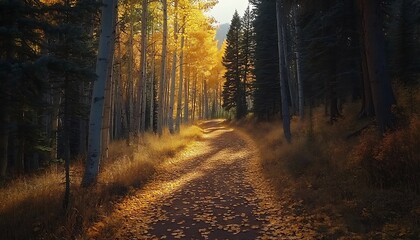 Obraz premium A forest trail covered in golden autumn leaves and surrounded by tall trees with sunlight streaming through