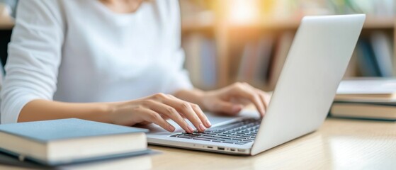 A person types on a laptop in a library setting, surrounded by books and warm sunlight, suggesting a focus on study or work.