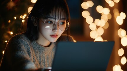 A young woman wearing glasses intently uses a laptop, surrounded by soft, glowing fairy lights in a cozy indoor setting.