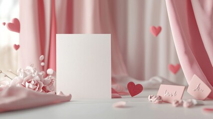 Obraz premium Valentine mockup card and heart background minimal. Elegant Valentine Mockup Display With Pink Floral Accents Heart Decorations and Blank Card Design.