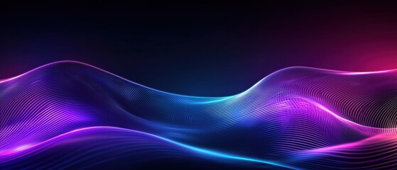 Abstract waves of vibrant blue and purple light flow gracefully against a dark background, creating a mesmerizing digital landscape.
