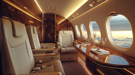 Obraz premium Luxury private jet interior with plush leather seats, polished wooden panels, and soft ambient lighting, showcasing opulence and executive comfort