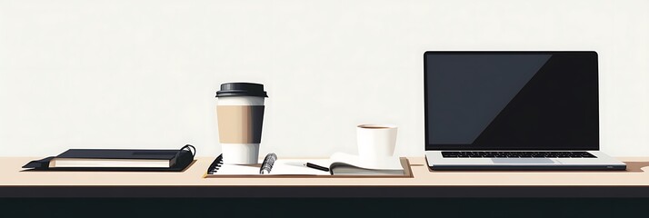 A minimalistic workspace with a laptop a notebook and a coffee cup beside it