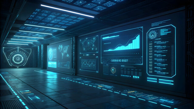 Futuristic data center with glowing blue screens and digital analytics interface