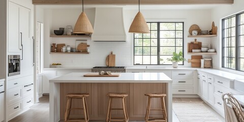 Fototapeta premium Modern White Kitchen Island With Wooden Stools And Woven Lights