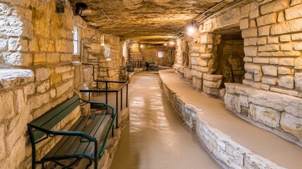 Fototapeta premium Stone Tunnel Pathway with Benches, Underground Architecture