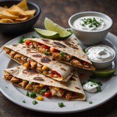 spicy shrimp quesadilla
plate of delicious quesadillas, national mexican food
Mexican quesadilla a with sauce on wooden table
