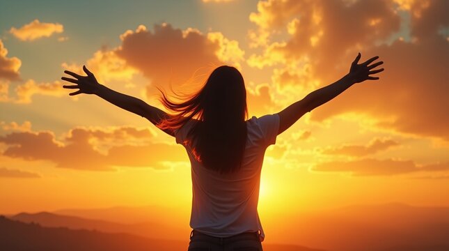  a silhouette of a person standing on a horizon, arms outstretched, embraced by the warm glow of a vibrant sunset.