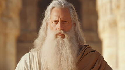 The Weight of Wisdom: A portrait of a venerable man, with a long white beard, gazing directly into the camera, conveying a sense of profound wisdom and experience. His weathered face.