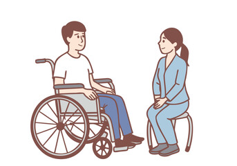 Young man in wheelchair with his wife talking to physiotherapist. Positive prognosis, rehabilitation. Hand drawn style vector design illustrations.