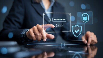 businessman pressing the virtual button MFA, multi-factor authentication. cloud computing concept, cloud technology, Saas, Paas, Iaas. AWS Services  