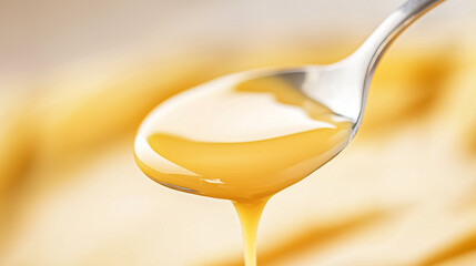 Golden Syrup Drizzle: A close-up photo of a spoon holding golden-colored syrup that is dripping off the spoon. The photo captures the texture, color, and mouthwatering appeal of the syrup.