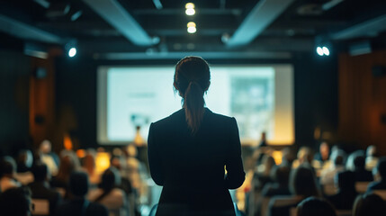 Dynamic Businesswoman in Spotlight - Ideal for Corporate Banners & Financial Presentation Brochures