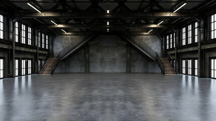 Naklejka premium Industrial Loft Interior Spacious Warehouse Space with Concrete Walls and Stairs