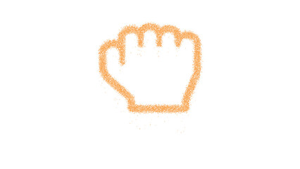 Icon hand fist is made of yellow grains of sand. Some grains of sand fall down. Transparent background. Black