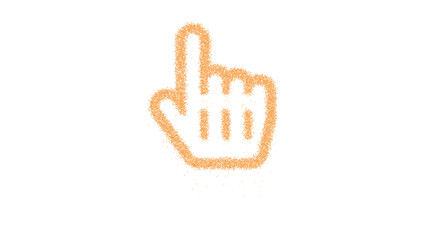 Icon hand pointer is made of yellow grains of sand. Some grains of sand fall down. Transparent background. Black
