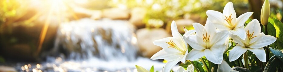 Fototapeta premium White lilies blooming near a tranquil waterfall under sunlight.