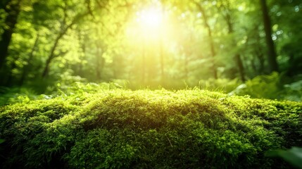 Fototapeta premium Serene Forest Scene with Vibrant Green Moss Under Soft Sunlight
