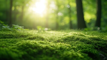 Fototapeta premium Serene Forest Scene with Vibrant Green Moss and Soft Sunlight