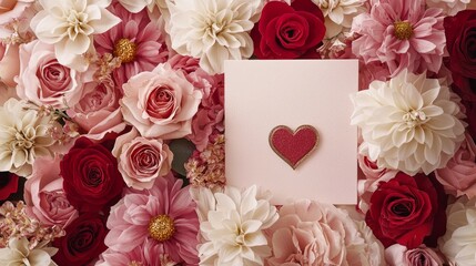 Valentine mockup card and heart background minimal. Floral Love Card with Tender Roses and Daisies Romantic Expression of Valentine s Day Celebration.