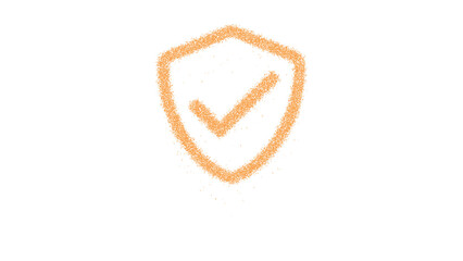 Icon shield check is made of yellow grains of sand. Some grains of sand fall down. Transparent background. Black