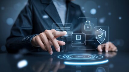 businessman pressing the virtual button MFA, multi-factor authentication. cloud computing concept, cloud technology, Saas, Paas, Iaas. AWS Services  