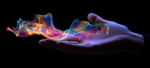 Fototapeta premium Colorful energy flows from a hand, symbolizing power, creation, or innovation.