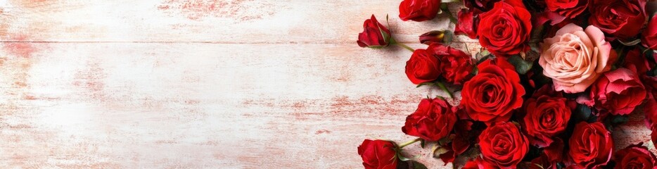 Obraz premium Red and pink roses on wooden background.