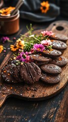 Delicious chocolate cookie platter adorned with edible flowers and a rich chocolate drizzle for a delightful treat.