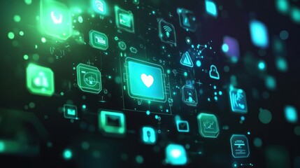 Abstract digital network with glowing icons and a heart symbol, representing social media, communication, and connection.