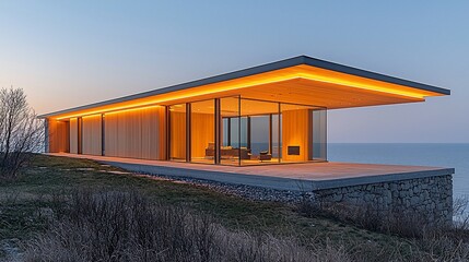 Obraz premium Modern architectural home with glowing interior lights overlooking a serene lakeside at dusk