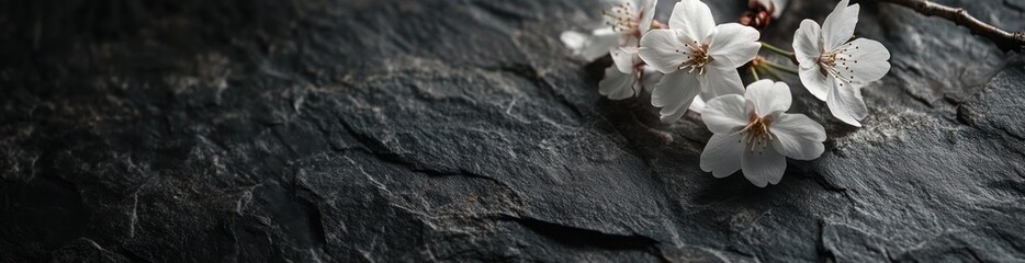 Fototapeta premium Delicate white blossoms on dark, textured stone.