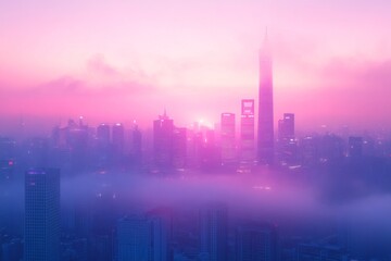 Obraz premium Cityscape with fog and skyscrapers at dawn