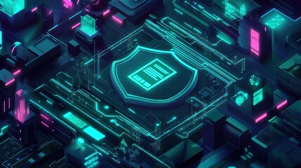 Fototapeta premium Cyber security data protection concept. Neon glowing document icon shielded on circuit board.