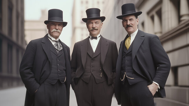Fototapeta Three Men in Top Hats: A vintage photograph showcasing three dapper gentlemen in formal attire, complete with top hats, suits, and distinguished moustaches, standing side by side on a city street.